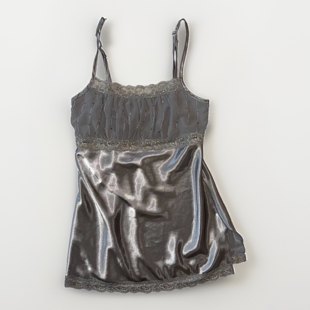 Vintage Y2K Charlotte Russe Silver Satin Cami S Lace Sequin Fairy Grunge USA